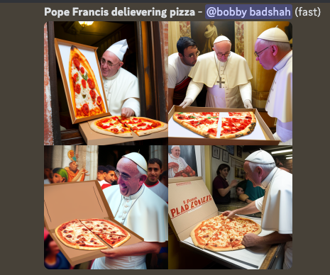 midjourney pope eating pizza